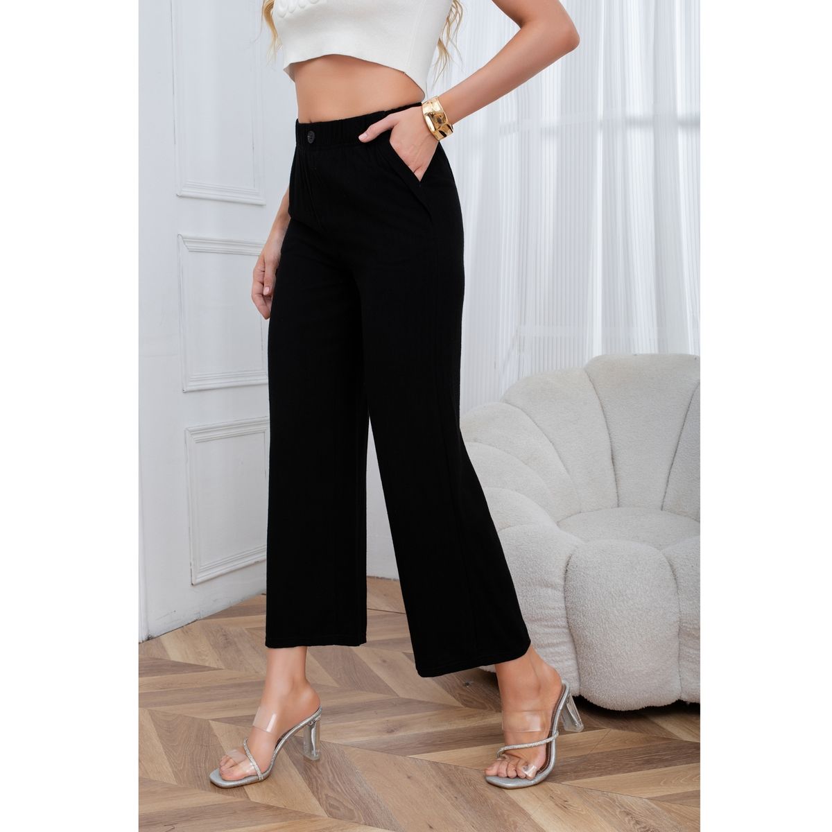 LIKE SHOP - Pantalon Palazzo Tipo Lino Semi Formal Casual Boton Tiro Alto 3013