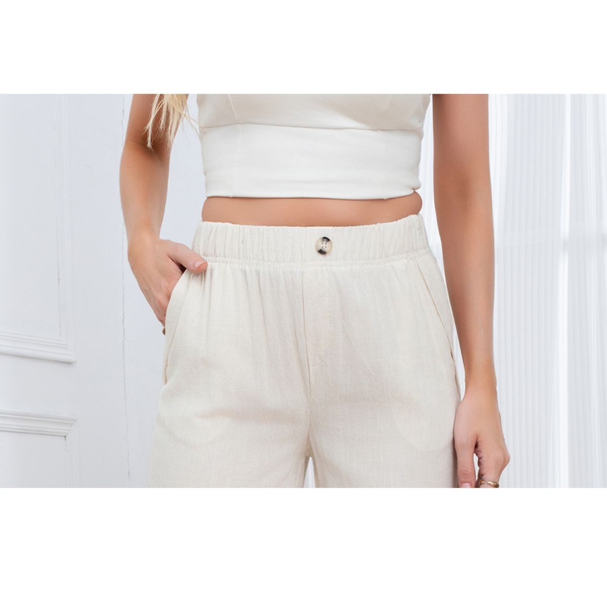 LIKE SHOP - Pantalon Palazzo Tipo Lino Semi Formal Casual Boton Tiro Alto 3013