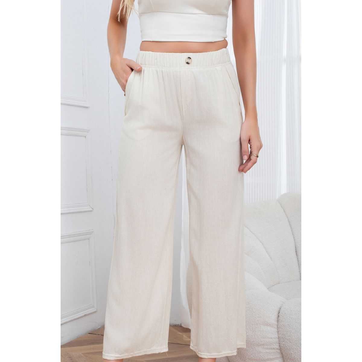 LIKE SHOP - Pantalon Palazzo Tipo Lino Semi Formal Casual Boton Tiro Alto 3013
