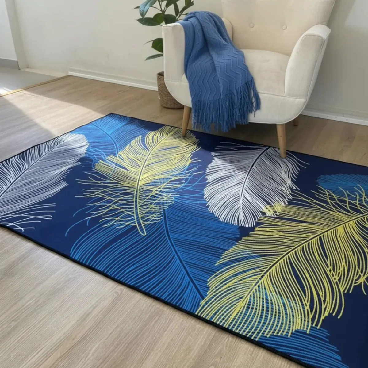 TODOHOGAR SANTIAGO DE CHILE - Alfombra Antideslizante Hojas Azul & Mostaza 230 Cm X 180 Cm