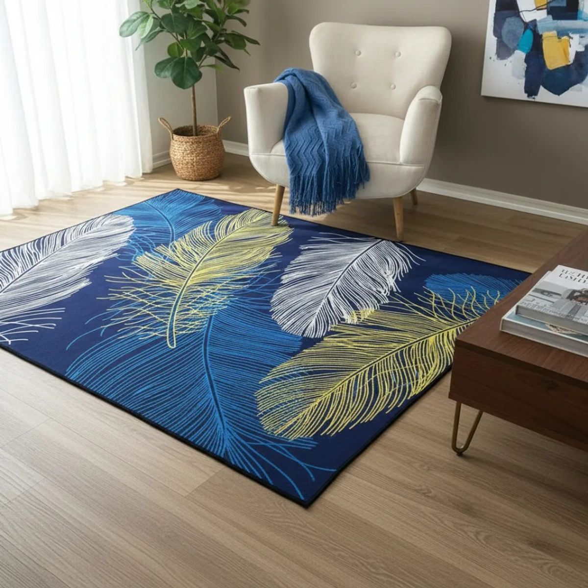 TODOHOGAR SANTIAGO DE CHILE - Alfombra Antideslizante Hojas Azul & Mostaza 230 Cm X 180 Cm