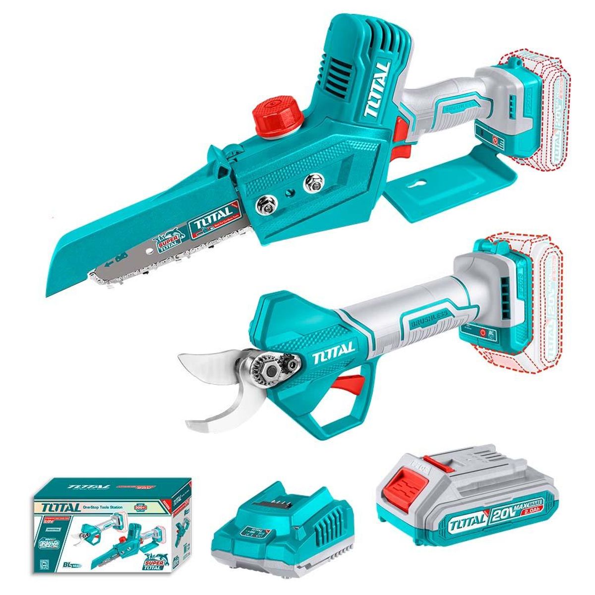 TOTAL TOOLS - COMBO TOTAL 20V ELECTROS 6+TIJERA PODA+2B 2A+C