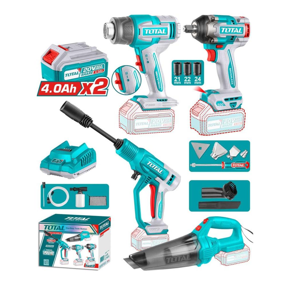TOTAL TOOLS - COMBO TOTAL 20V LLAVE IMP+PIST CALOR+HIDR+ASP+2B+C