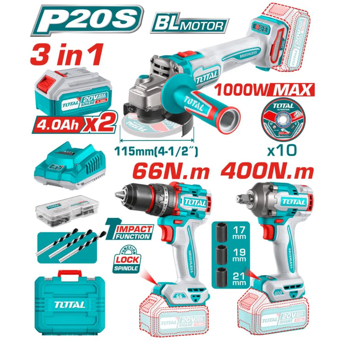 TOTAL TOOLS - COMBO TOTAL 20V TAL PERC+ESM 4 12+LLAV IM +2B+C+M
