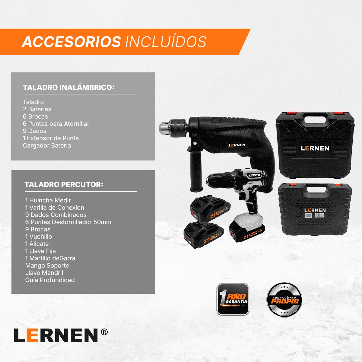 LERNEN - Pack Taladro Inalámbrico 2 Baterías + Taladro Percutor