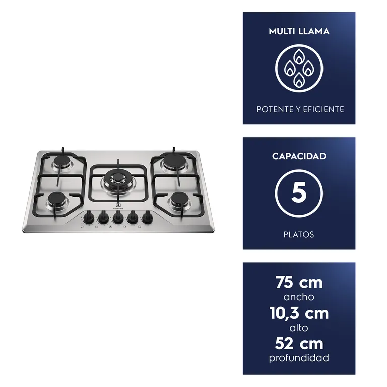 ELECTROLUX Encimera a Gas 5 Platos Experience Multi Llama KE5XC Inox