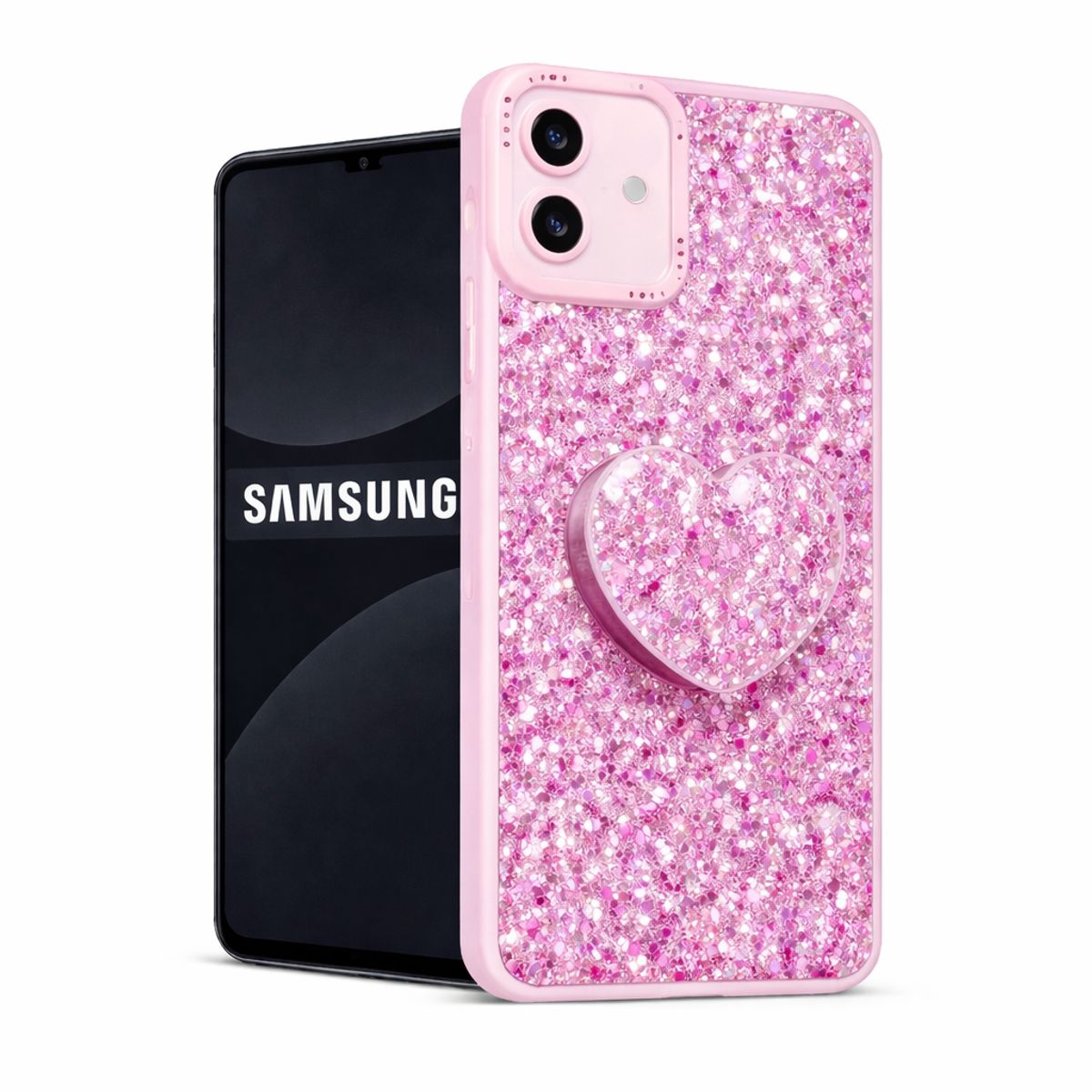 GENERICO - CARCASA PARA SAMSUNG A07 GLITTER BRILLO CON POP SOCKET COLOR ROSA