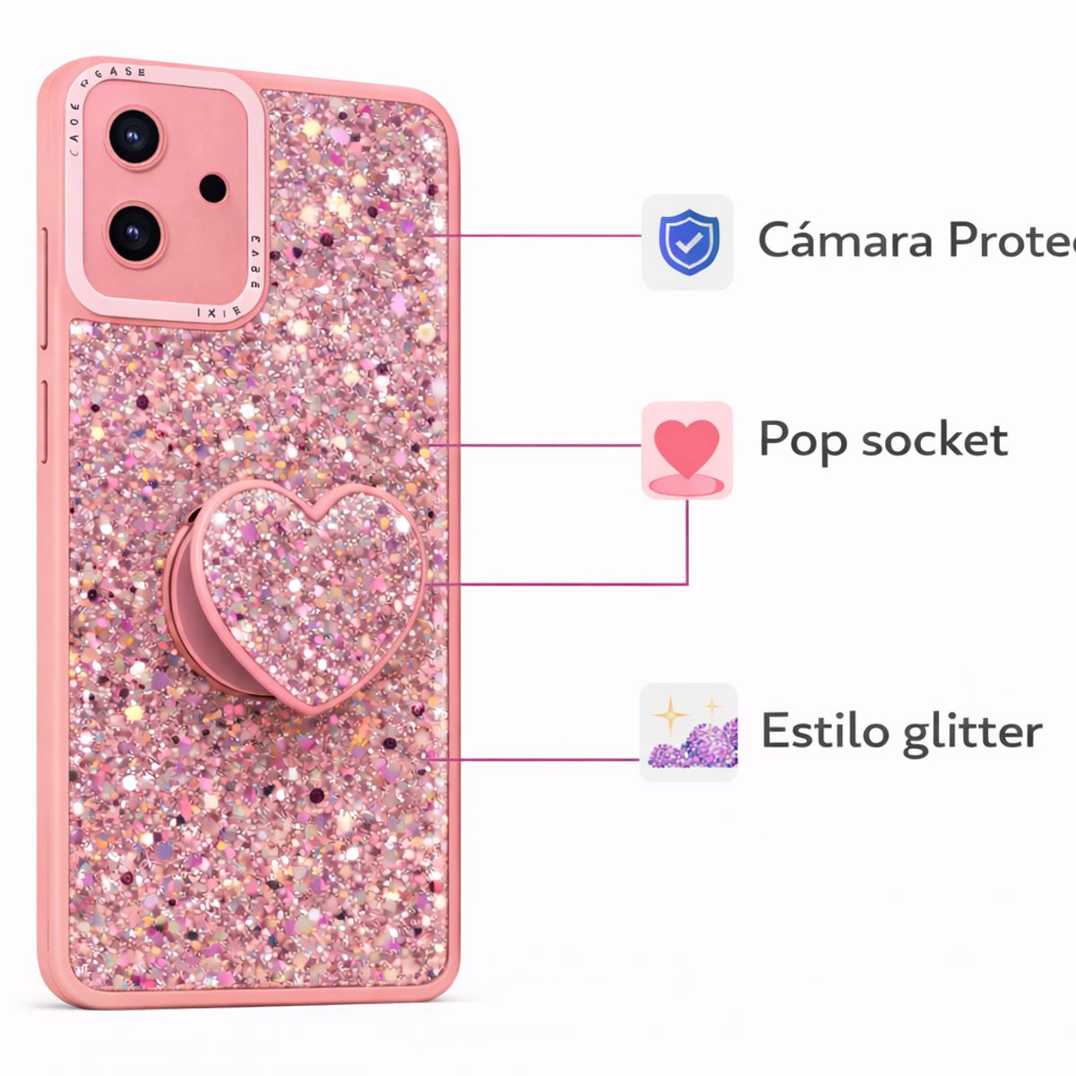 GENERICO - CARCASA PARA SAMSUNG A07 GLITTER BRILLO CON POP SOCKET COLOR ROSA