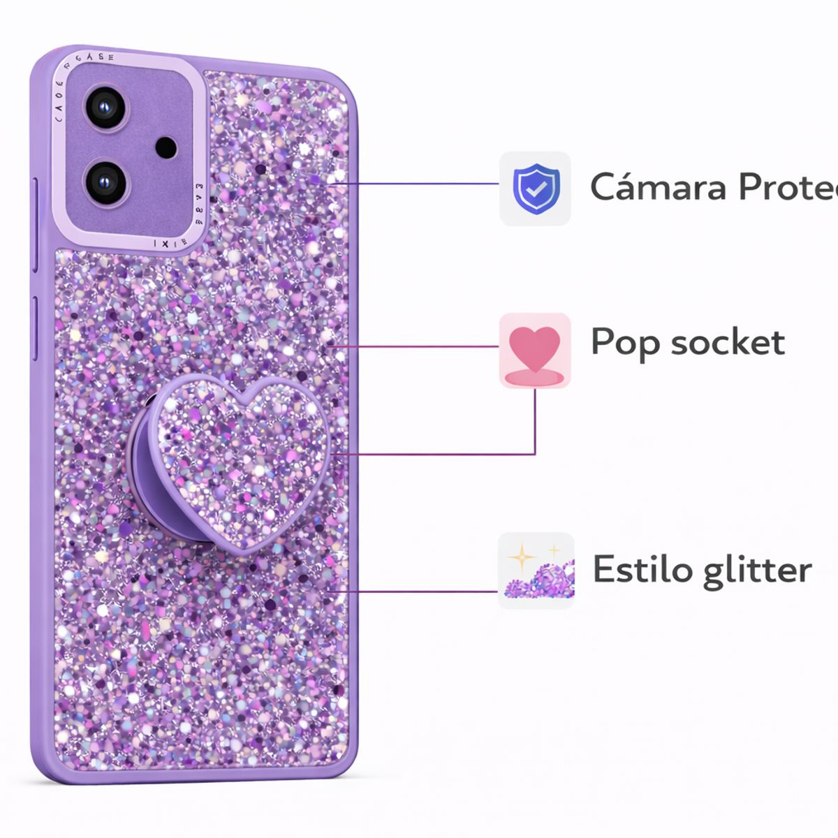 GENERICO - CARCASA PARA SAMSUNG A07 GLITTER BRILLO LILA CON POP SOCKET