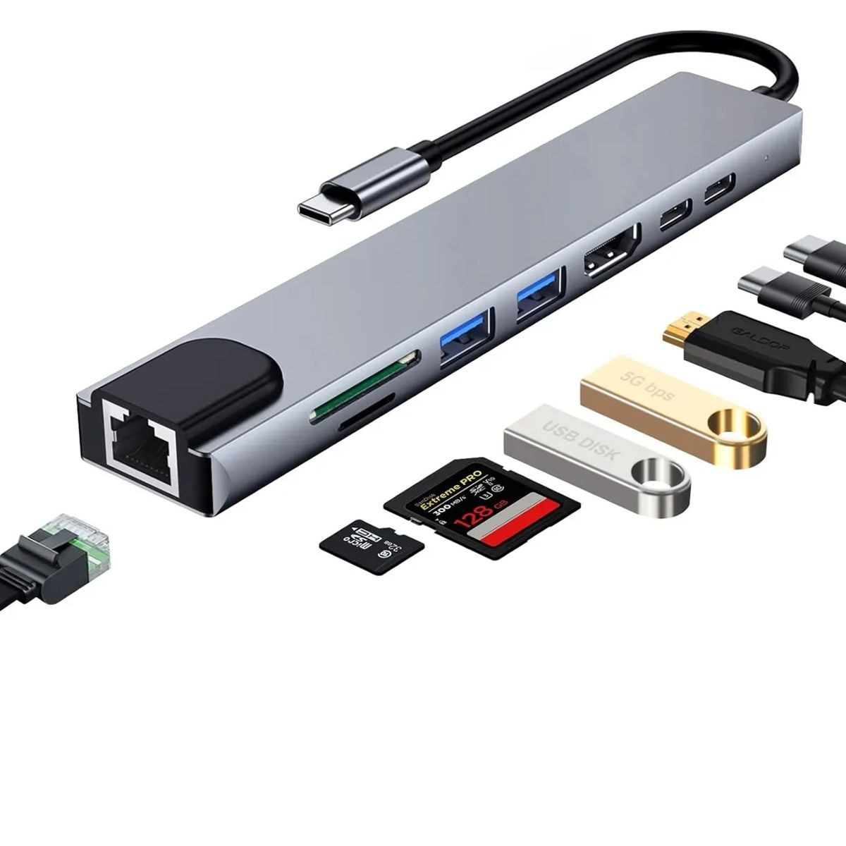 GENERICO - Adaptador Hub Usb Tipo C 8 En 1 Con Rj45 Para Mac, Windows