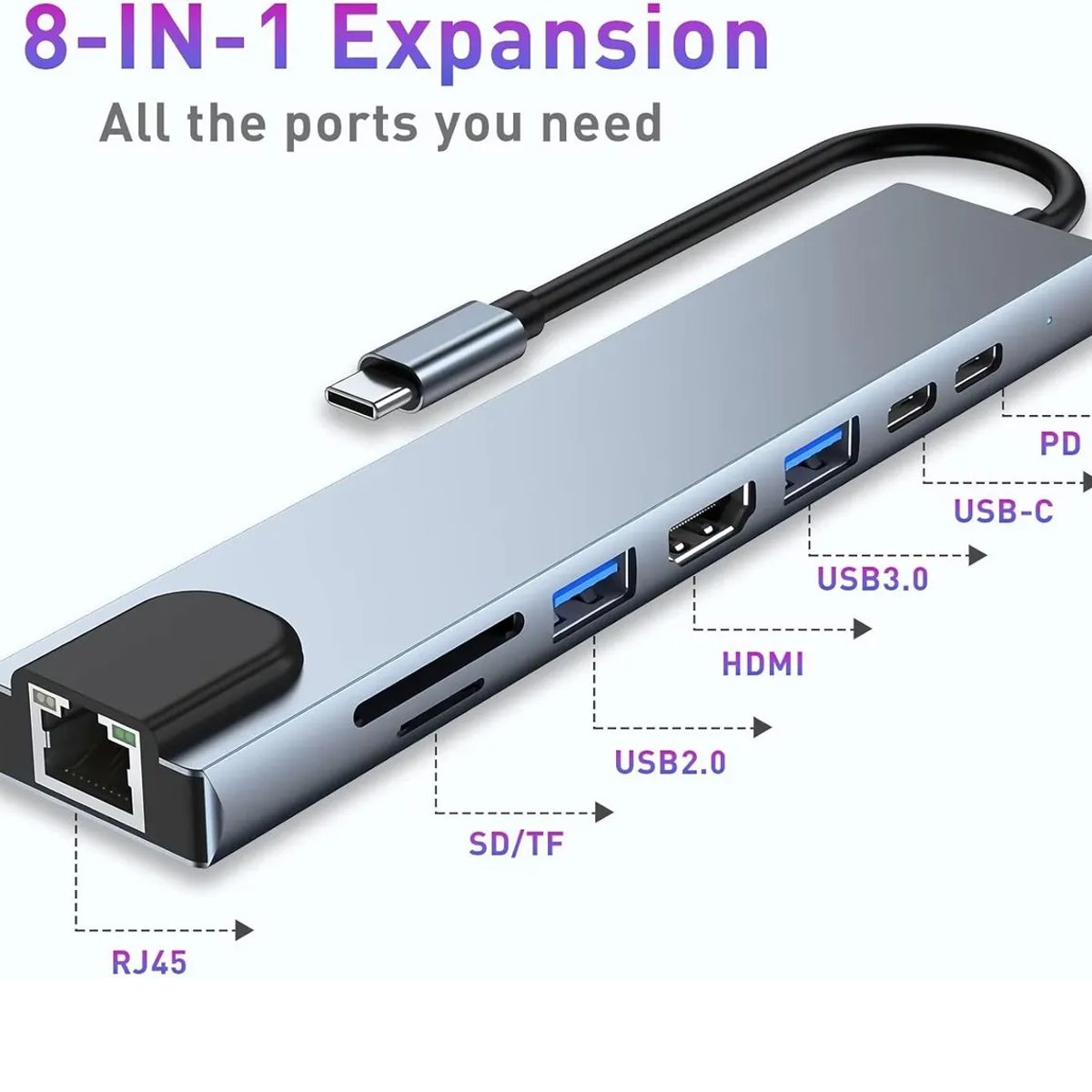 GENERICO - Adaptador Hub Usb Tipo C 8 En 1 Con Rj45 Para Mac, Windows
