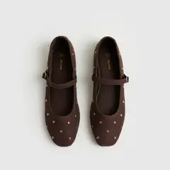 LOUNGE - Zapato Ballerina Mujer Suede Café Tachas