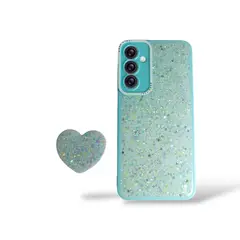 GENERICO - CARCASA PARA SAMSUNG S25 FE GLITTER BRILLO TURQUESA CON POP SOCKET