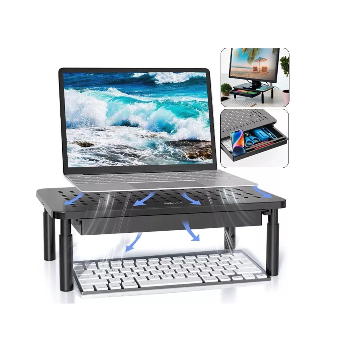 GENERICO - Base Monitor Soporte 3alturas Notebook Pc Impresora Con Cajó Negro