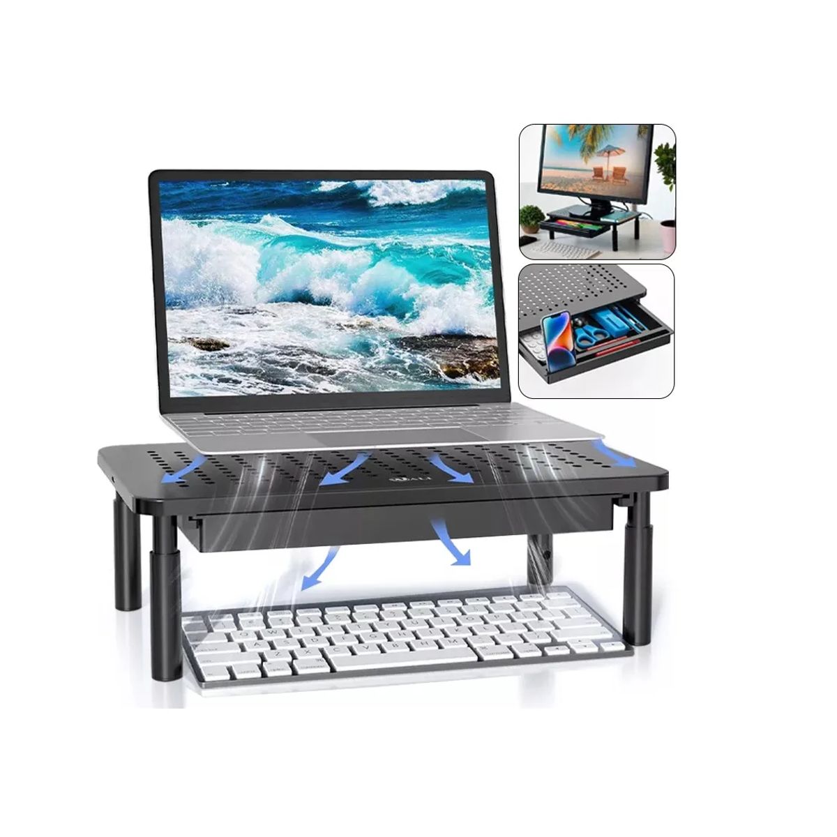 GENERICO - Base Monitor Soporte 3alturas Notebook Pc Impresora Con Cajó Negro