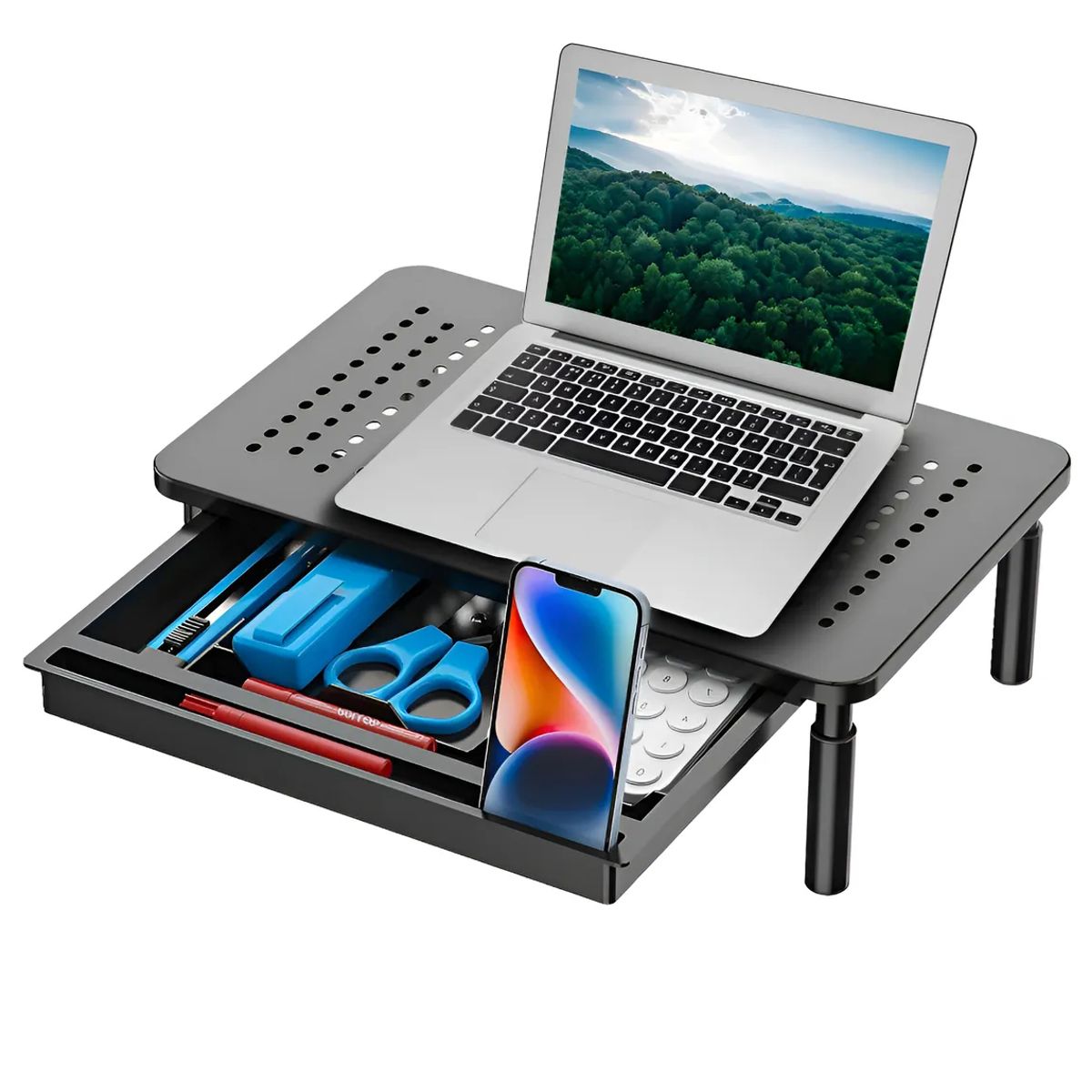 GENERICO - Base Monitor Soporte 3alturas Notebook Pc Impresora Con Cajó Negro
