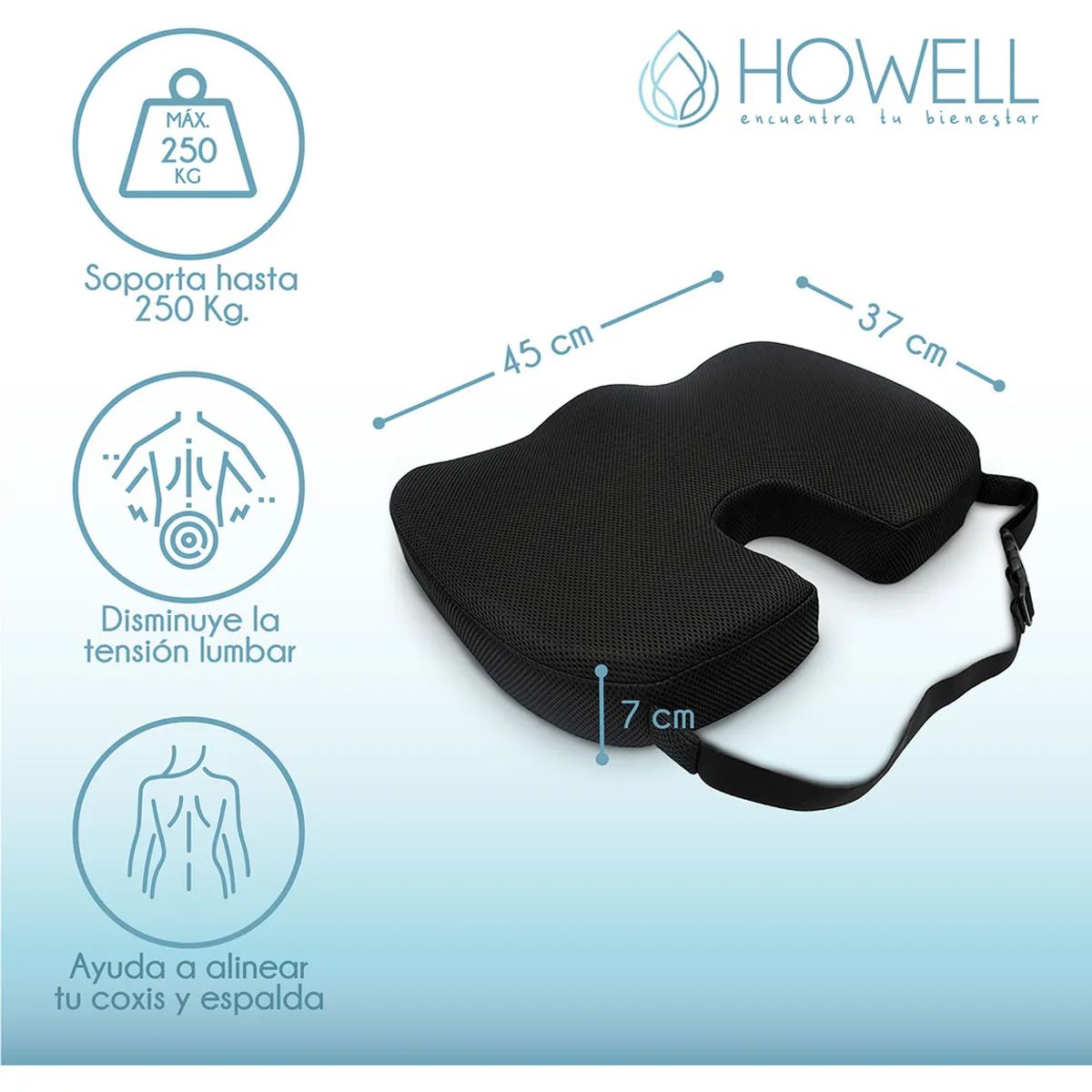 GENERICO - Cojín Lumbar Ortopédico Viscoelástico Asiento Color Negro