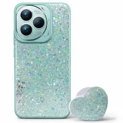 GENERICO - CARCASA PARA HONOR 400 LITE GLITTER BRILLO TURQUESA CON POP SOCKET