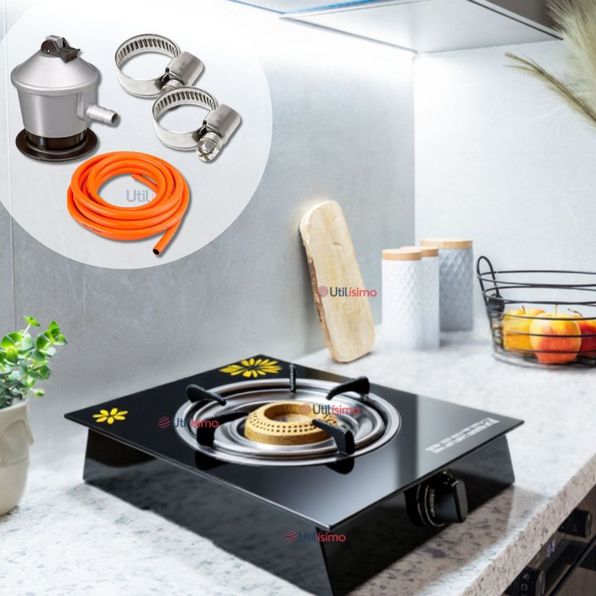LINE - Cocina Encimera a Gas Licuado Vidrio 1 Plato Cocinilla Negro + Kit de Instalación