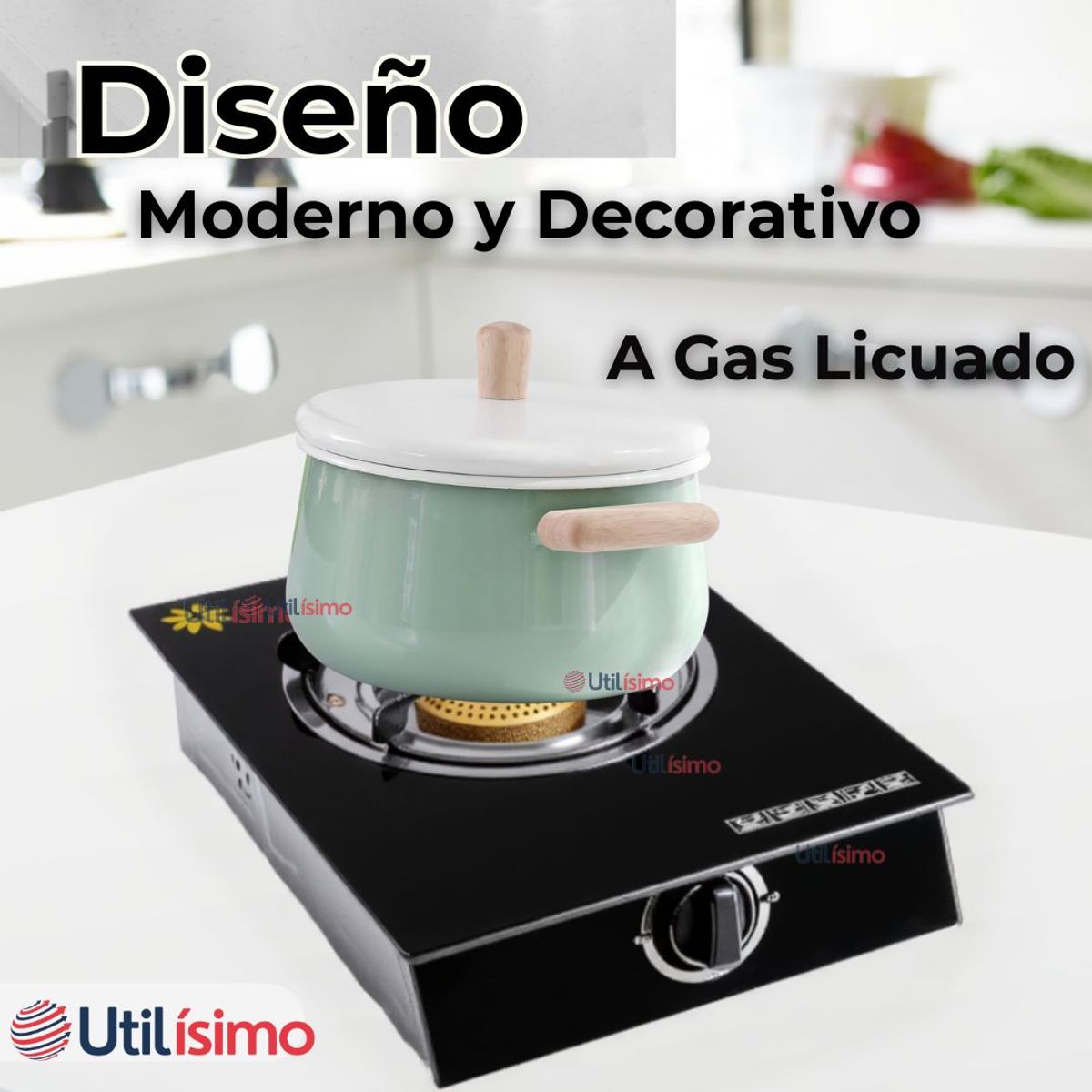 LINE - Cocina Encimera a Gas Licuado Vidrio 1 Plato Cocinilla Negro + Kit de Instalación