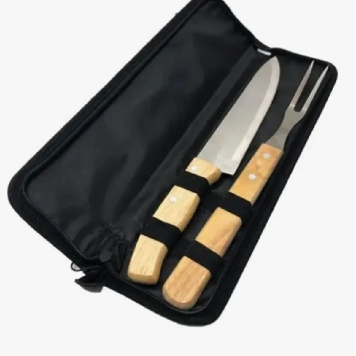 GENERICO - Set parrillero de 2 piezas con estuche de acero inoxidable y mango de madera