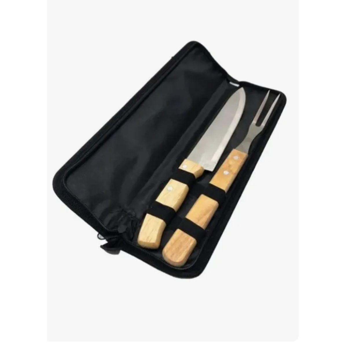 GENERICO - Set parrillero de 2 piezas con estuche de acero inoxidable y mango de madera