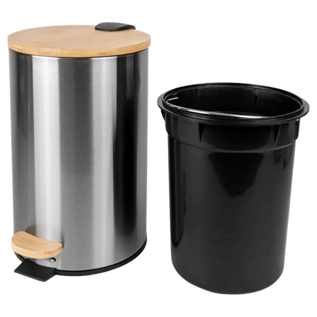 GENERICO - Basurero Cilíndrico 5L  Acero Inoxidable Y Tapa Bambú