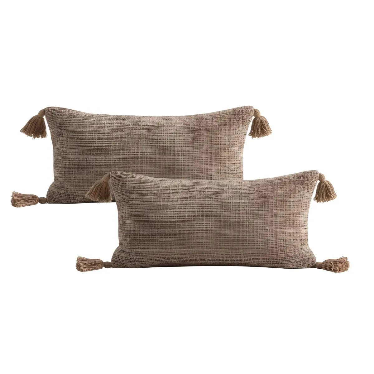 GENERICO - PACK DE 2 FUNDAS DE COJIN CHENILLE CON BORLAS 30X50 CAFÉ