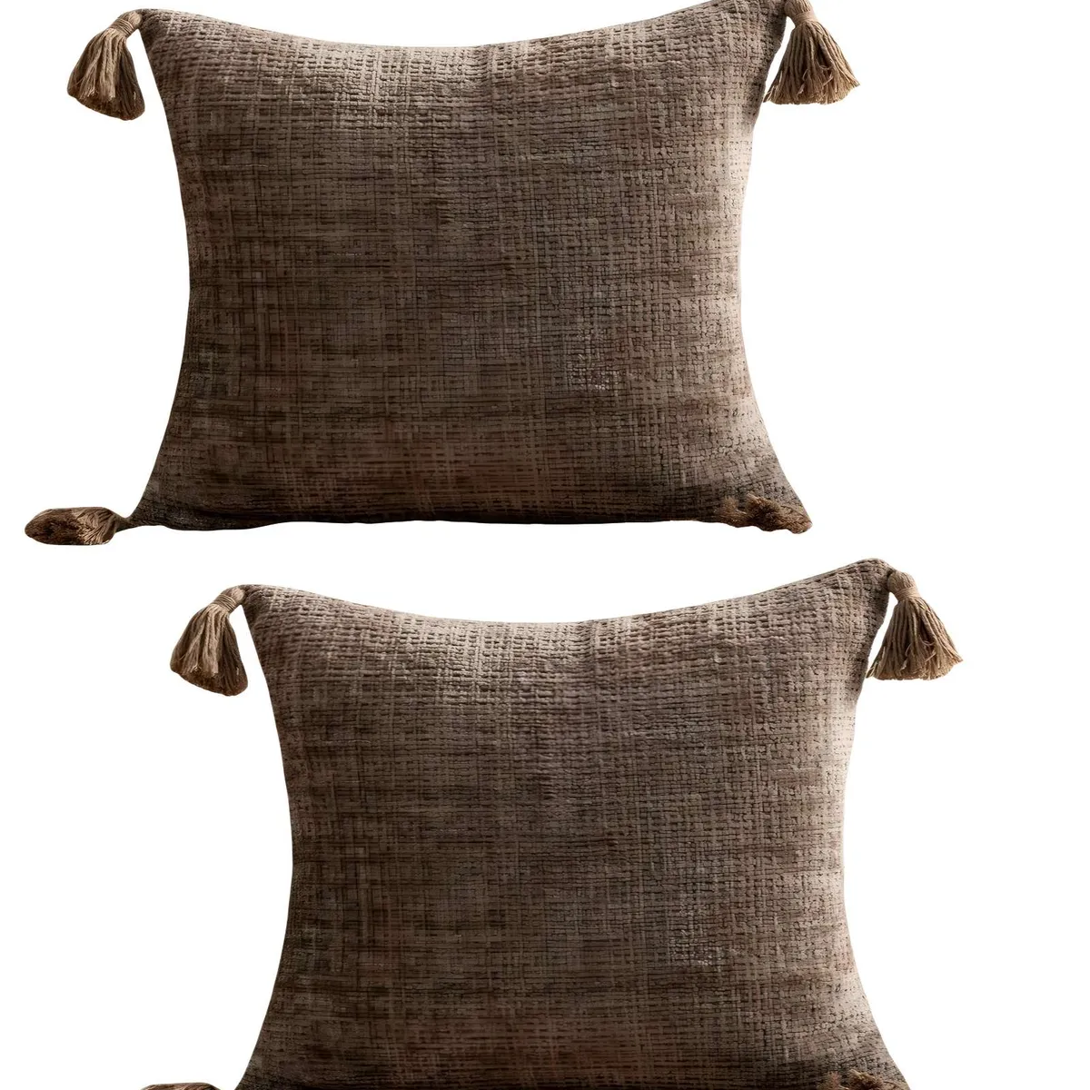 GENERICO - JUEGO DE 2 FUNDAS DE COJIN CHENILLE CON BORLAS 45X45 CAFÉ