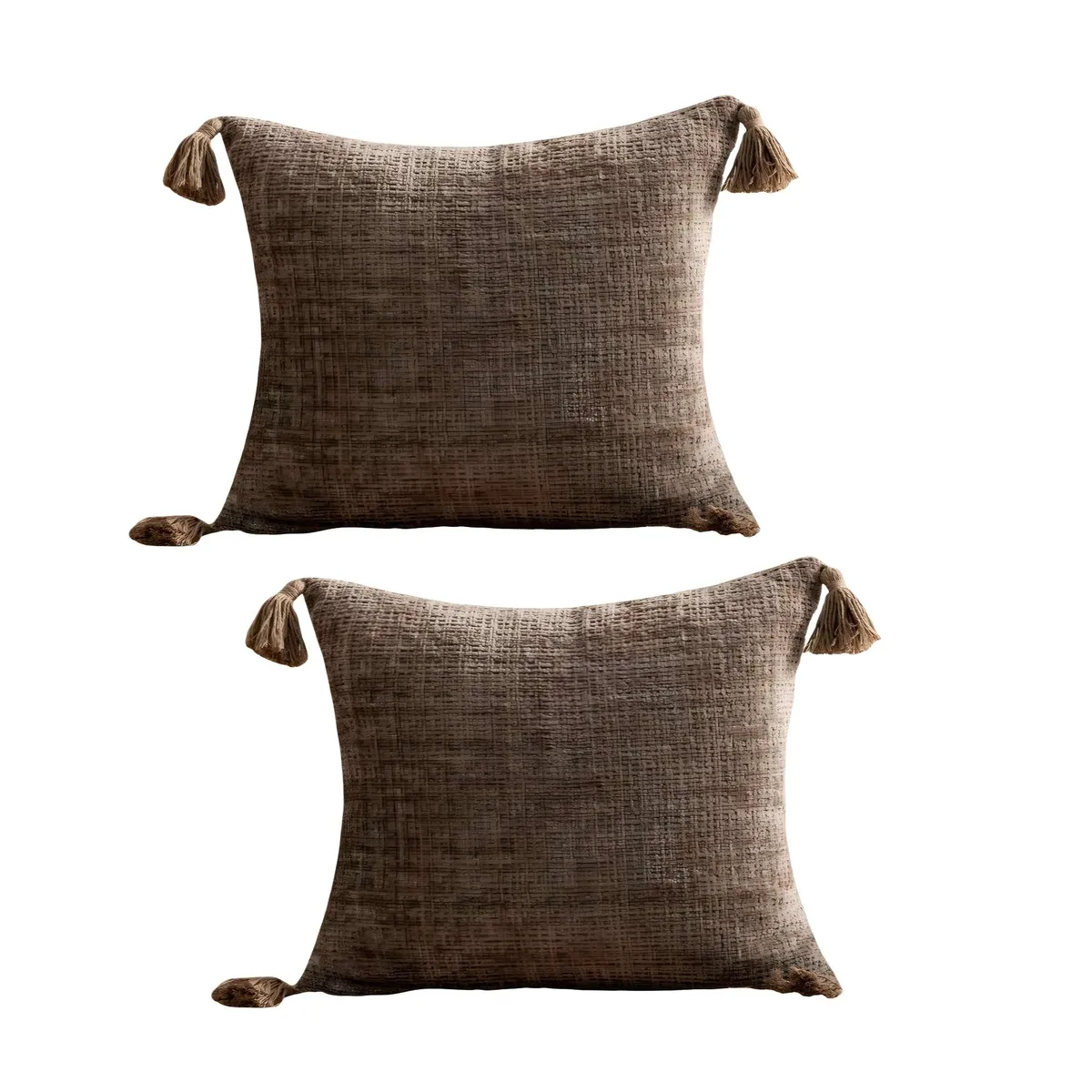 GENERICO - JUEGO DE 2 FUNDAS DE COJIN CHENILLE CON BORLAS 45X45 CAFÉ