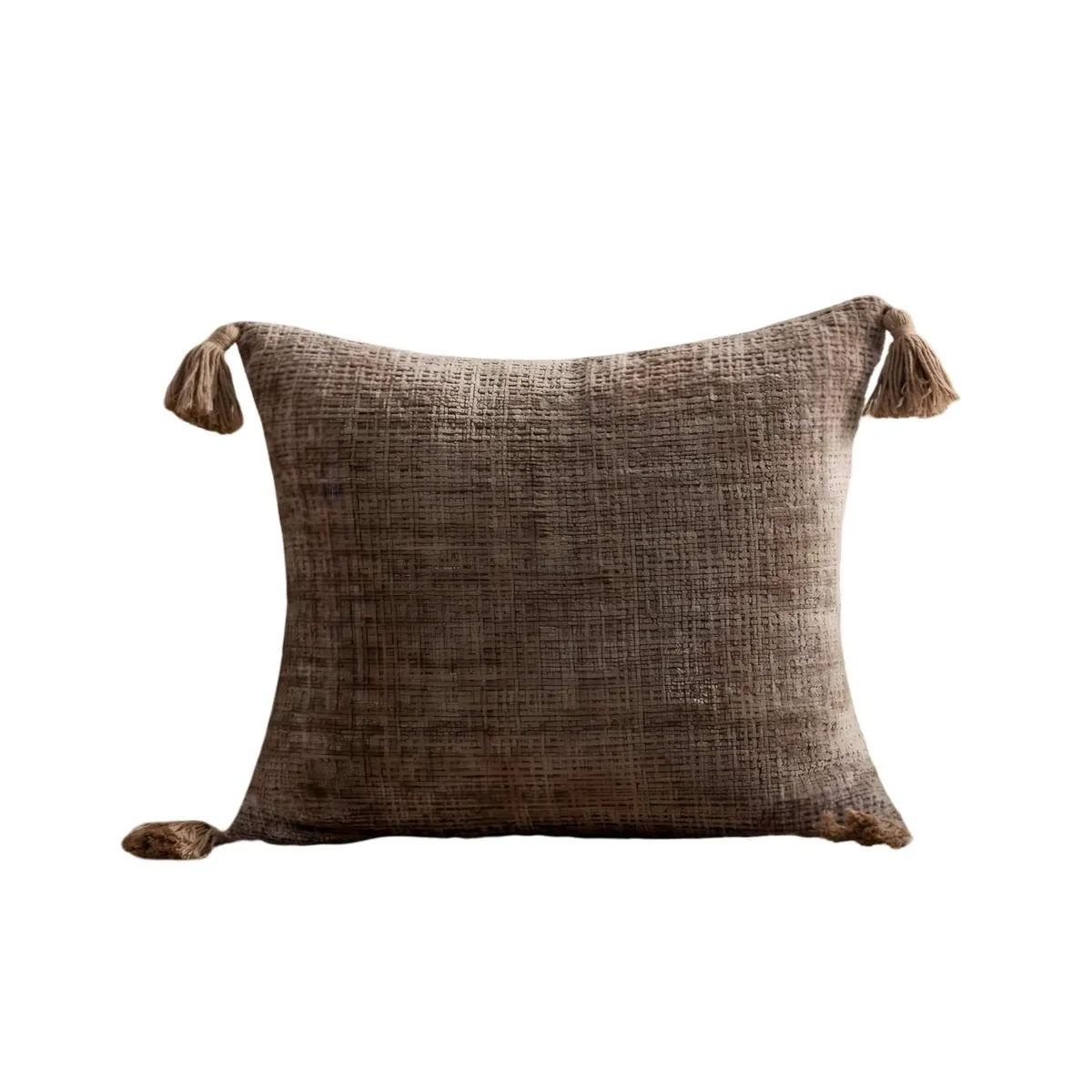 GENERICO - JUEGO DE 2 FUNDAS DE COJIN CHENILLE CON BORLAS 45X45 CAFÉ