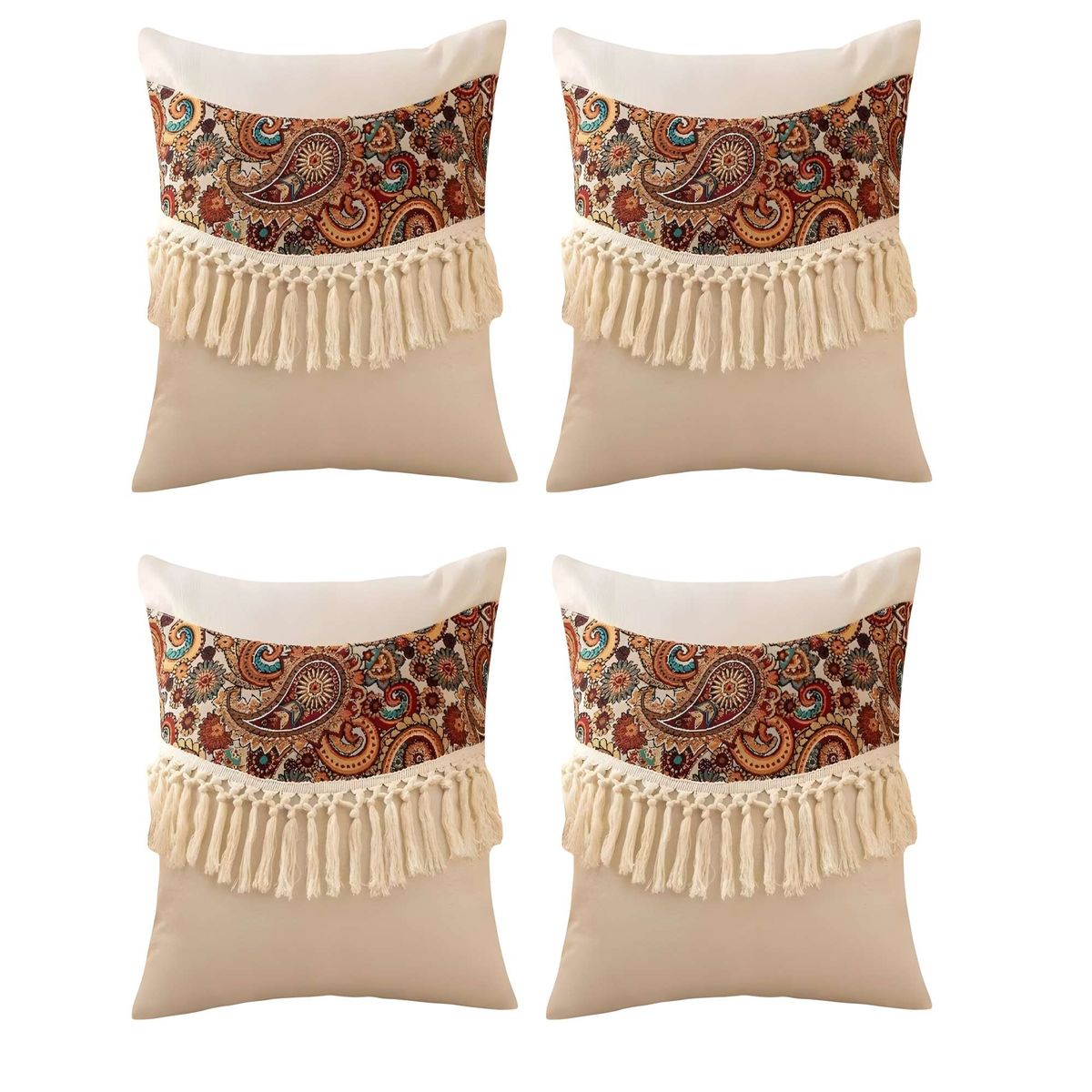GENERICO - JUEGO DE 4 FUNDAS DE COJIN LINO MANDALA 45X45 BEIGE 02