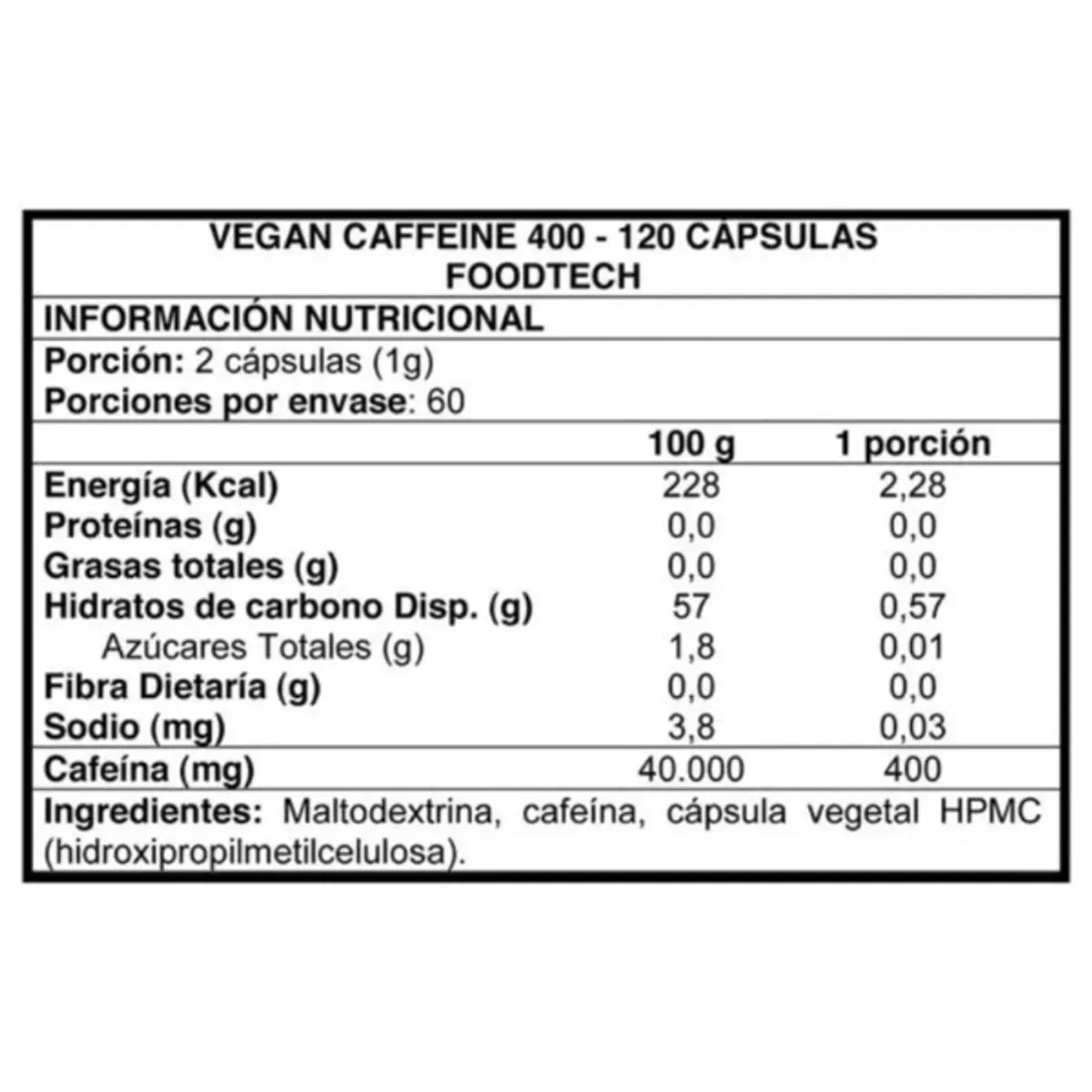 SUPLETECH - Vegan Caffeine 400 120 caps – Foodtech