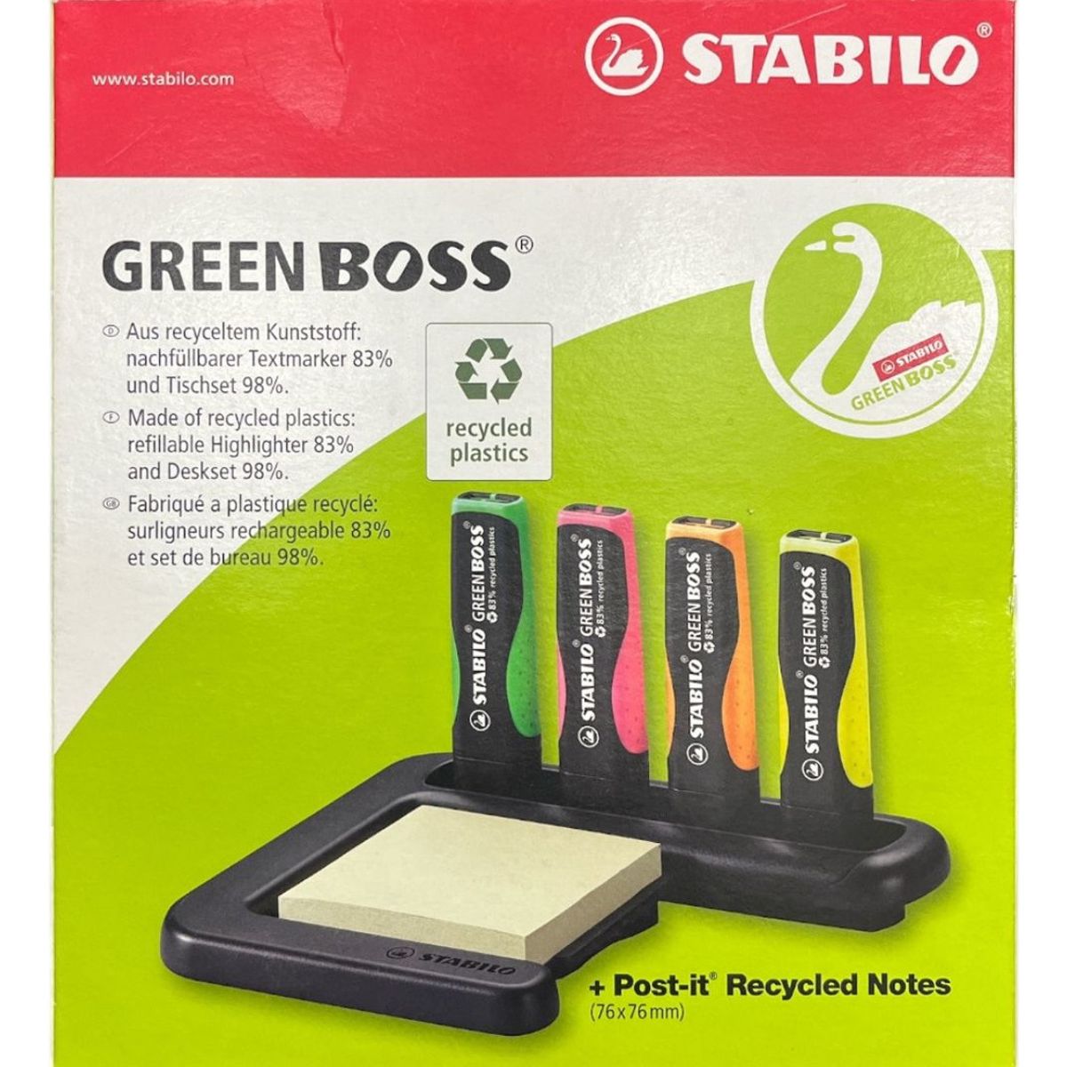 STABILO - Set 4 Destacadores Ecológico Stabilo Green Boss + Post-it