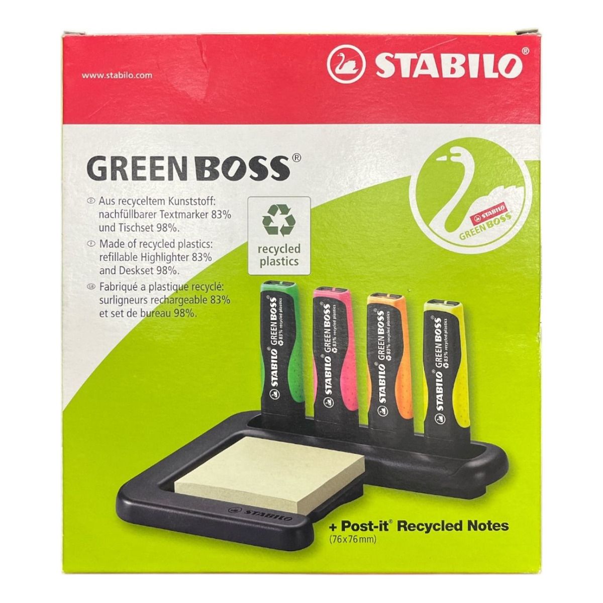STABILO - Set 4 Destacadores Ecológico Stabilo Green Boss + Post-it