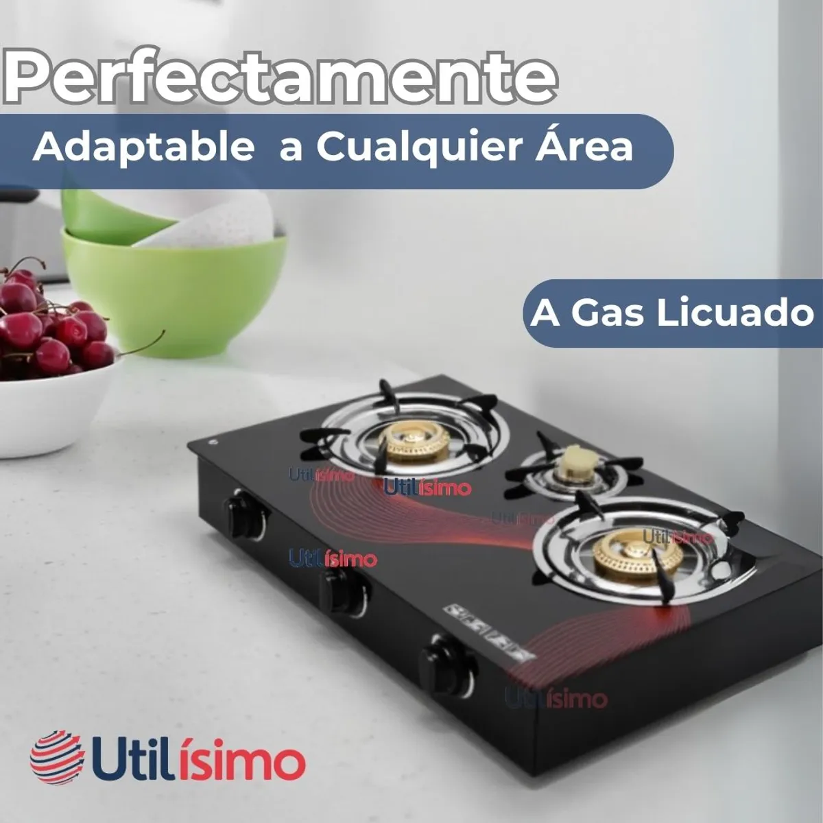 LINE - Cocina Encimera a Gas Licuado Vidrio 3 Platos + KIT de Instalación