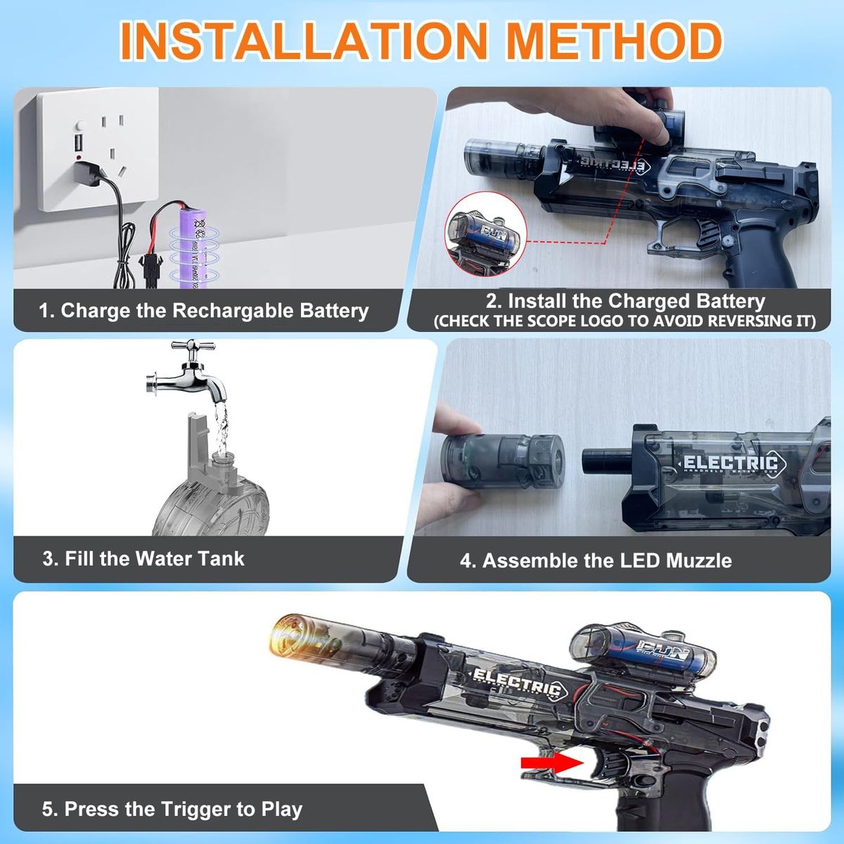 MOVI - PISTOLA DE AGUA ELECTRICA CON LUZ CON FORMA DE GLOCK