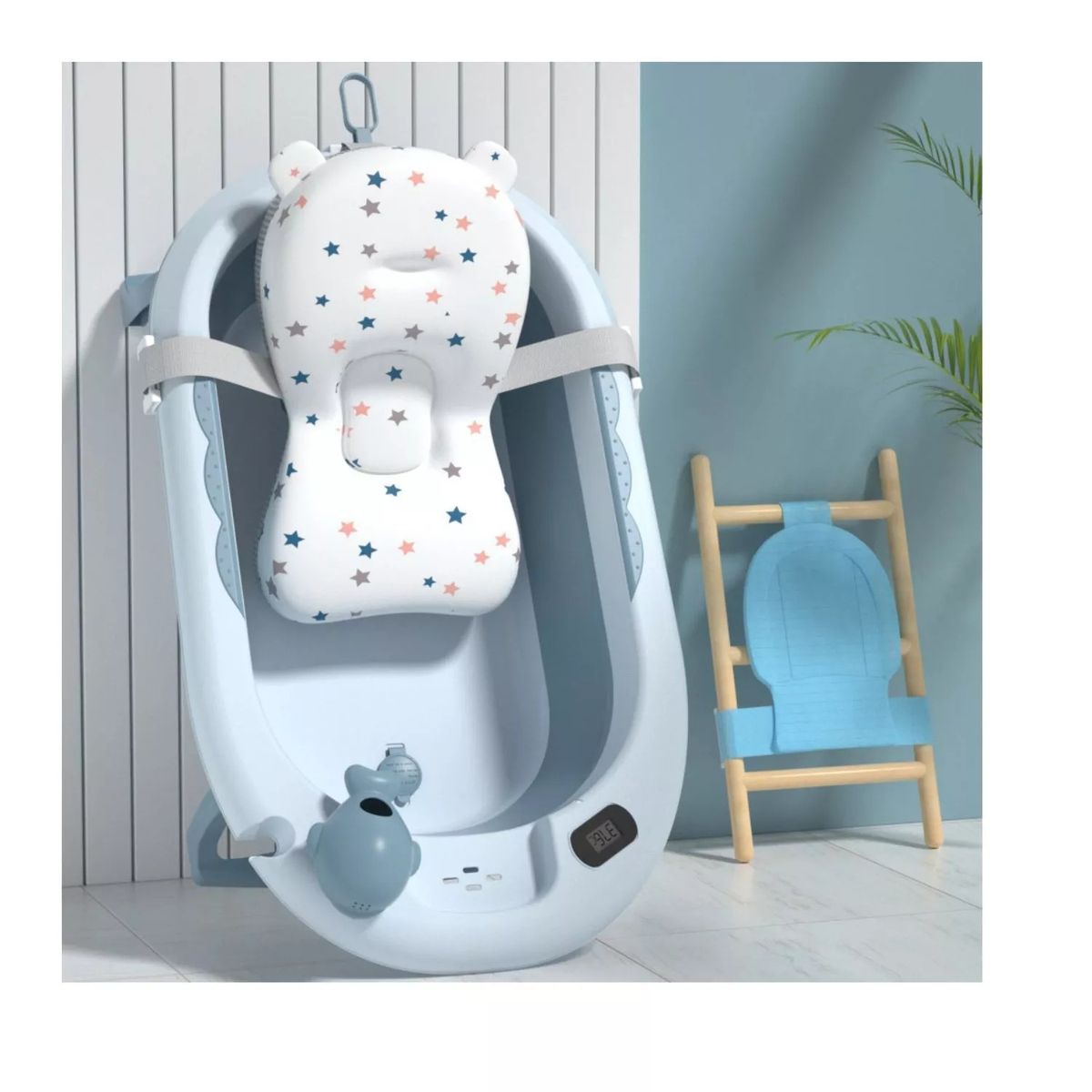 GENERICO - Bañera con Termometro Celeste + Cojin Estrella + Jarro Ducha