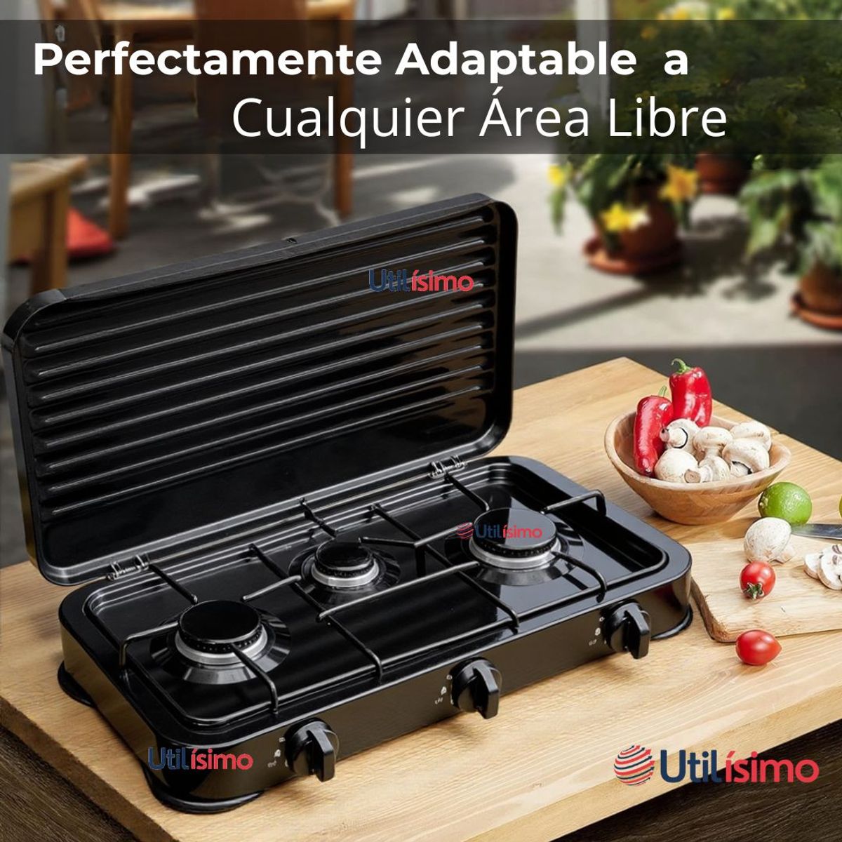 LINE - Cocina Encimera A Gas Licuado 3 Platos + Kit De Instalación Cocinilla Negro