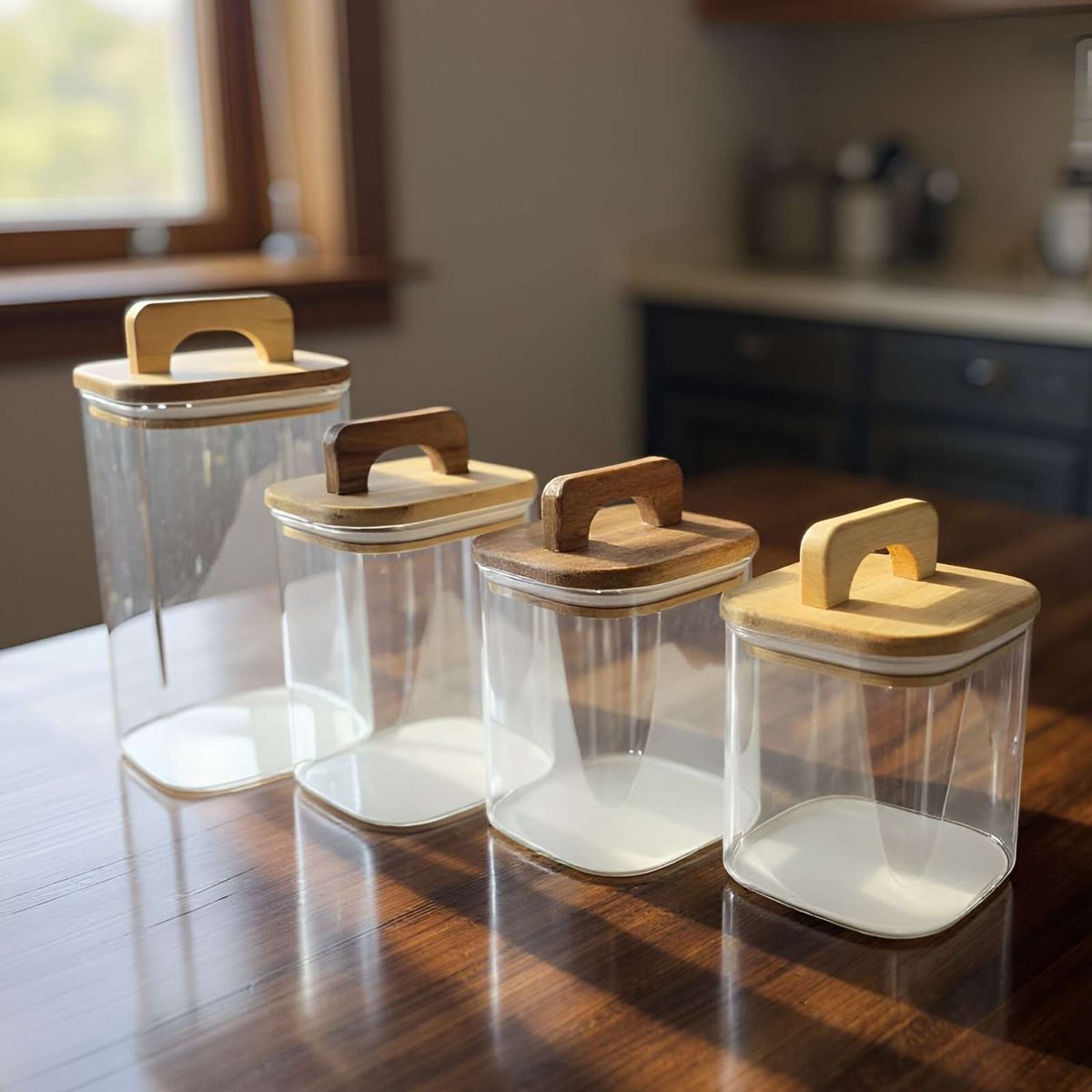 GENERICO - Juego de 4 contenedores con tapa de bambu