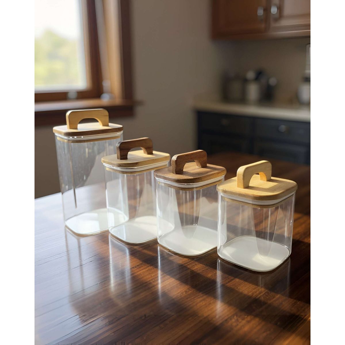 GENERICO - Juego de 4 contenedores con tapa de bambu