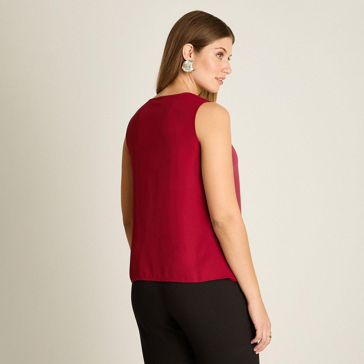 LORENZO DI PONTTI - Blusa Sin Mangas Rojo oscuro con Doble Capa y Escote V