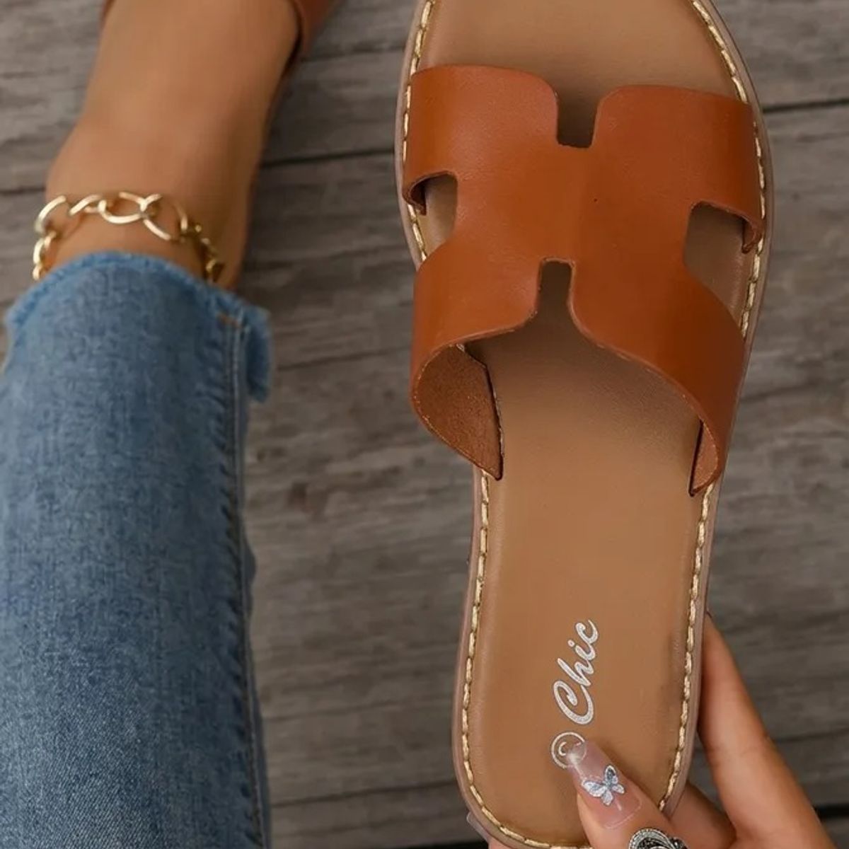 BOVINITA - Sandalia Mujer Chala Mule Plana Verano Camel Tira H Playa