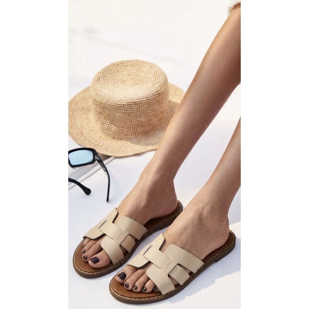 BOVINITA - Sandalia Mujer Chala Verano Beige Plana Playa Mule Elegante