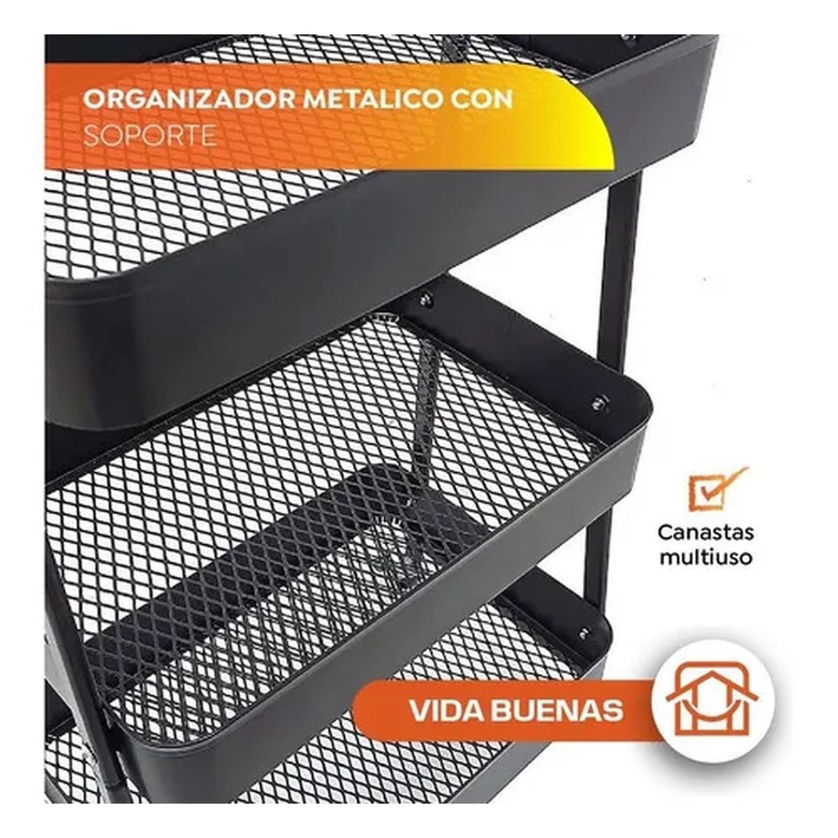 GENERICO - Carro Organizador Metálico Negro 3 Niveles Con Ruedas