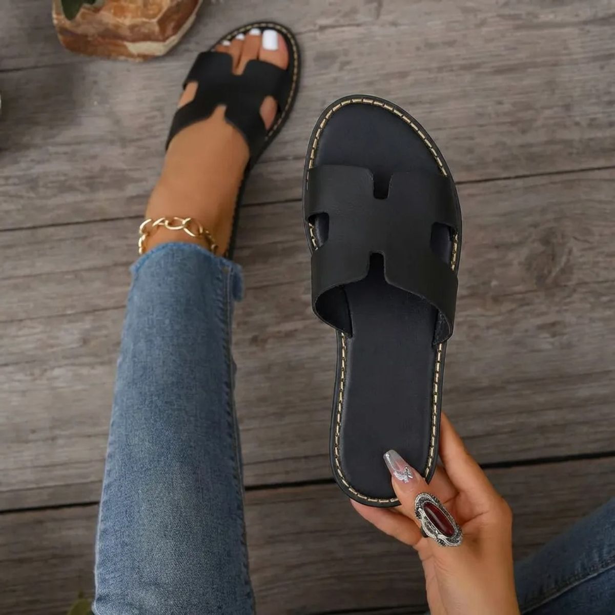 BOVINITA - Sandalia Mujer Chala Negra Casual Elegante Plana Verano