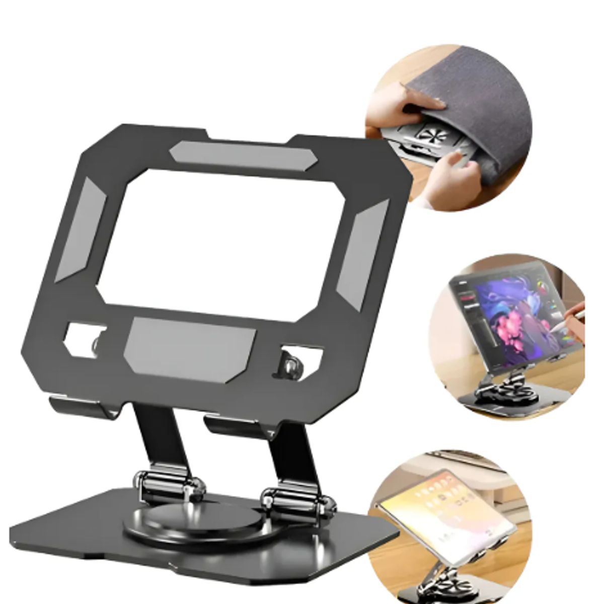 GENERICO - Soporte Escritorio Tablet Ipad Giratorio Metal Plegable Negro