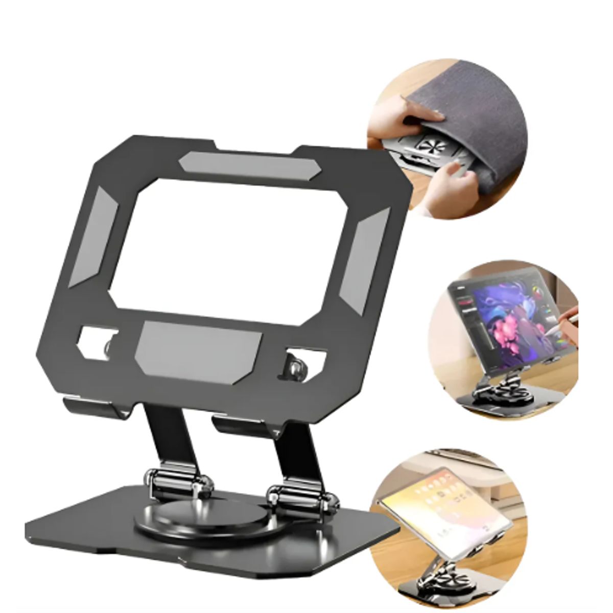 GENERICO - Soporte Escritorio Tablet Ipad Giratorio Metal Plegable Negro