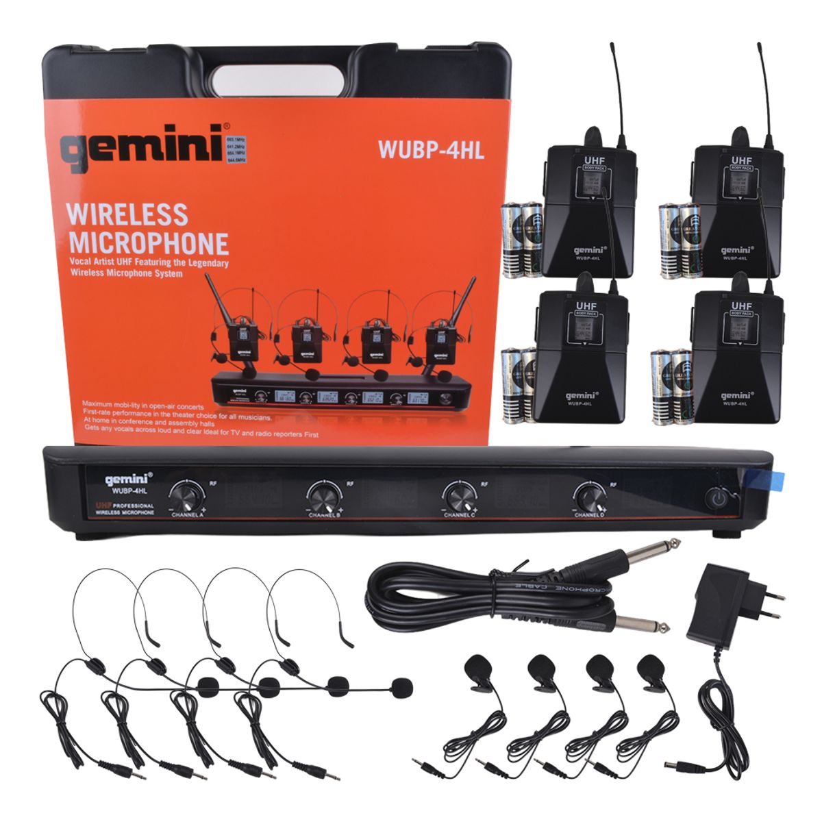 GEMINI - SET 4 MICRÓFONOS INALAMBRICOS UHF CINTILLO - SOLAPA LAVALIER GEMINI WUBP-4HL