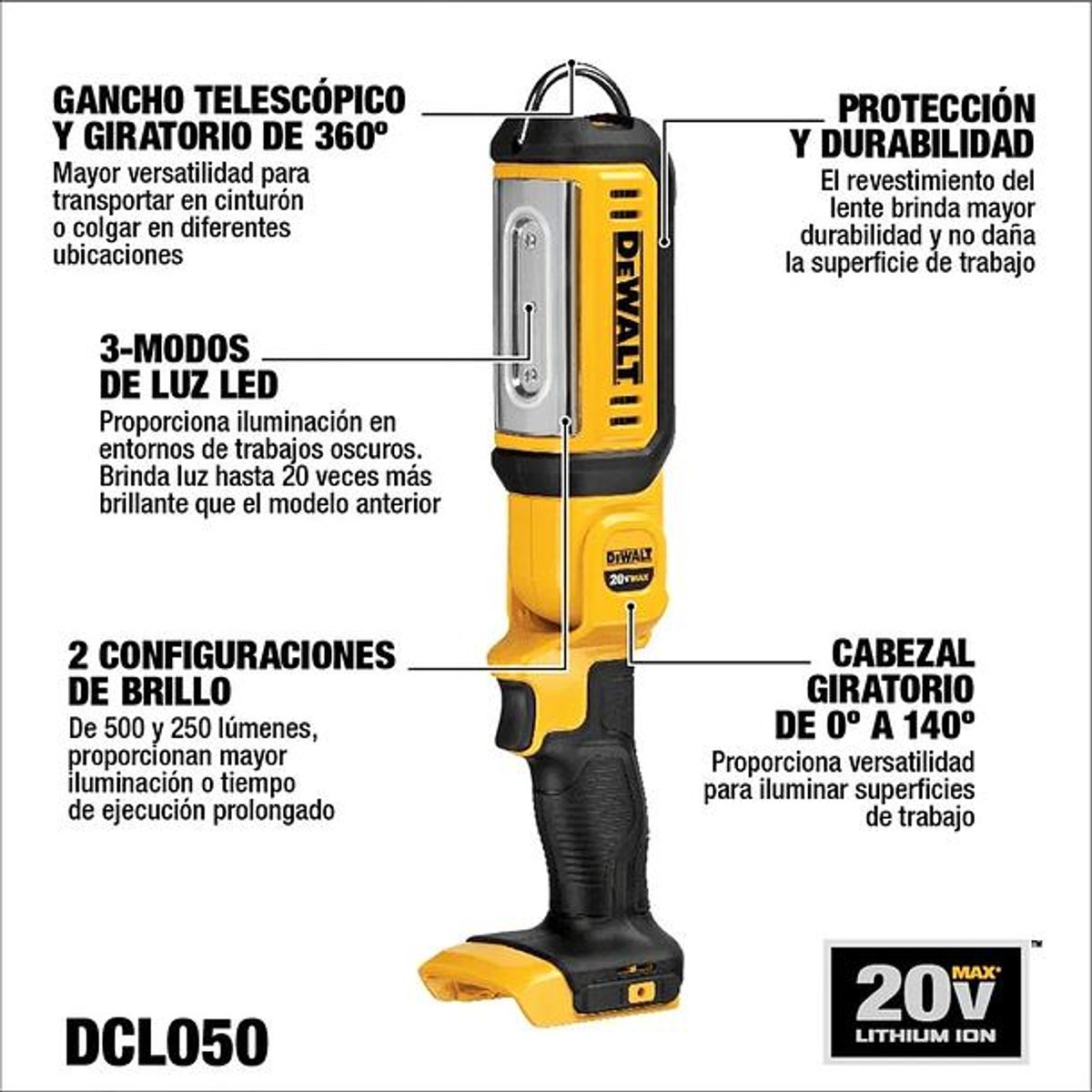 DEWALT - LINTERNA LED 20V DEWALT 250-500 LUM SB-C DCL050